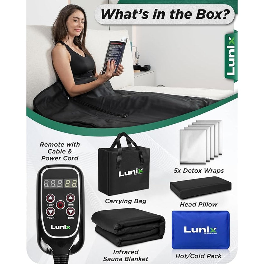 Lunix LX17 Infrared Sauna Blanket for Home, Portable Sauna for Detox, Pain Relief & Recovery, Adjustable 77–176°F Far Infrared Heat with Head Pillow, Detox Wrap & Hot Cold Gel Pack – Jet Black