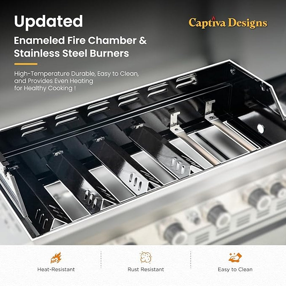 Captiva Designs 6-Burner Propane Gas BBQ Grill with Side Burner & Porcelain-Enameled Cast Iron Grate and Plate for Outdoor Barbucue Events, 52,000 BTU Output,740 SQ.IN. Cooking Area，Heavy Duty
