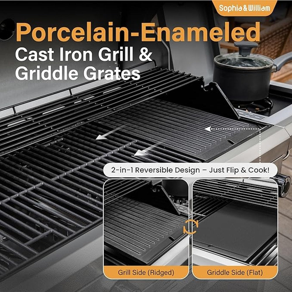 Sophia & William 6-Burner Propane Gas BBQ Grill with Side Burner & Porcelain-Enameled Cast Iron Grates, Gas Grill Griddle Combo for Outdoor Cooking, Barbecue Events, 740 SQ.IN. Cooking Area, Black
