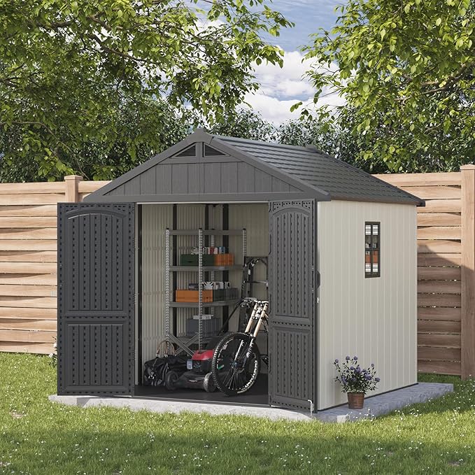 Patiowell 8 x 8 FT Plastic Outdoor Storage Shed with Floor, Resin Shed with Window and Lockable Door for Garden, Backyard, Tool Storage Use, Easy to Install in Beige (Kick-it Shed)