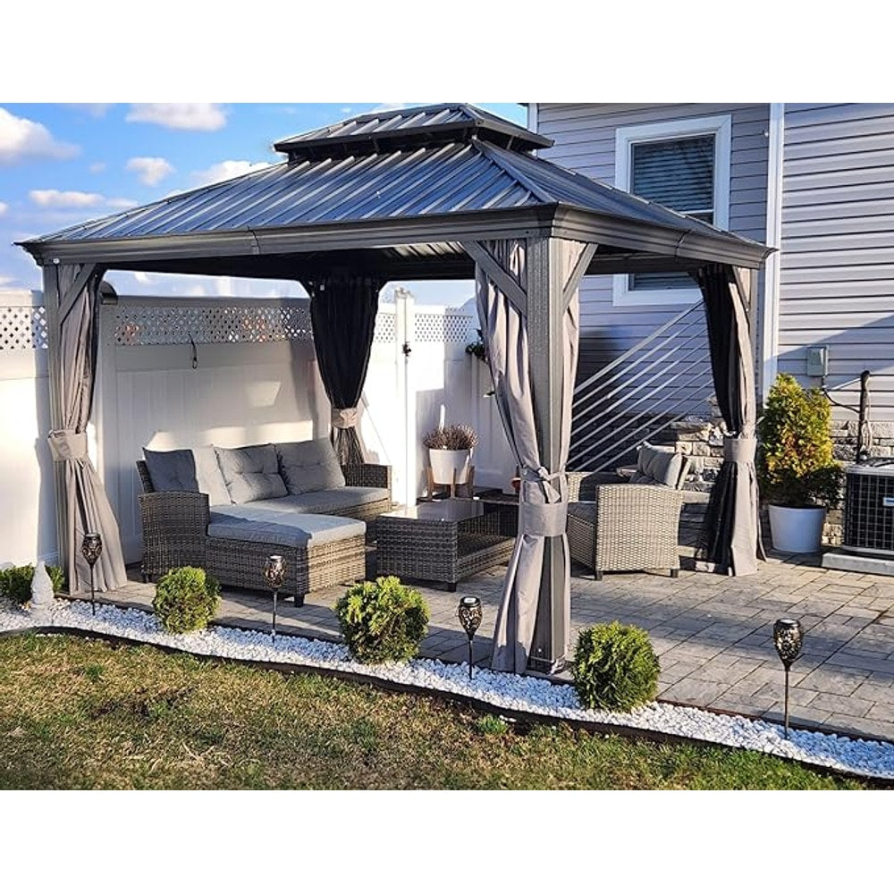 Kozyard Alexander 10' X 12' Hardtop, Aluminum Metal Gazebo with Galvanized Steel Double Roof Canopy, Curtain and Netting, Permanent Pavilion for Patio, Backyard, Deck, Lawn (Gray)