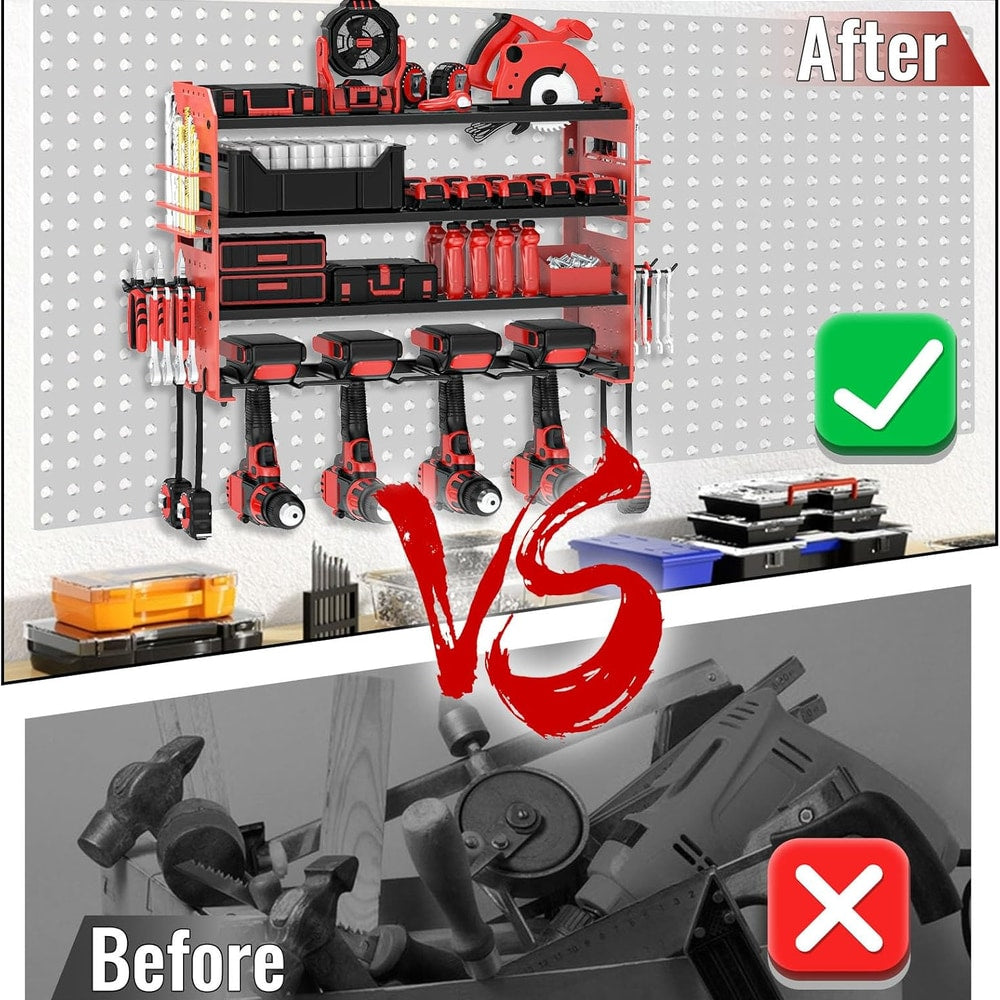 Power Tool Organizer Wall Mount, Red Metal Power Tool Storage Rack with Screwdriver Holder, Garage Tool Storage Shelves with Screwdriver Holder Plier Holder (Red, 4 Drills Holder)