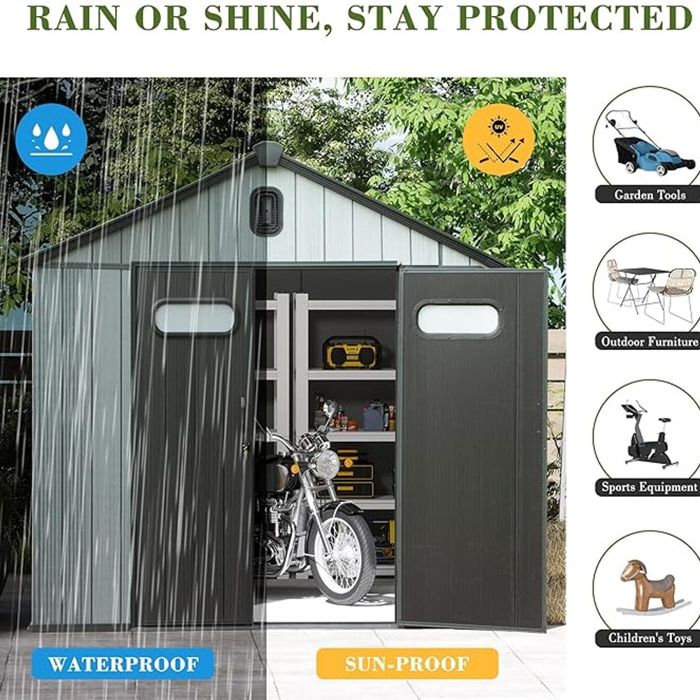 Domi 8x10FT Outdoor Resin Storage Shed with Transparent Windows & Louvered Vents, Plastic Tool Shed with Double Lockable Doors & Gable Roof, Outside Garden Shed for Backyard, Patio, Lawn, Grey