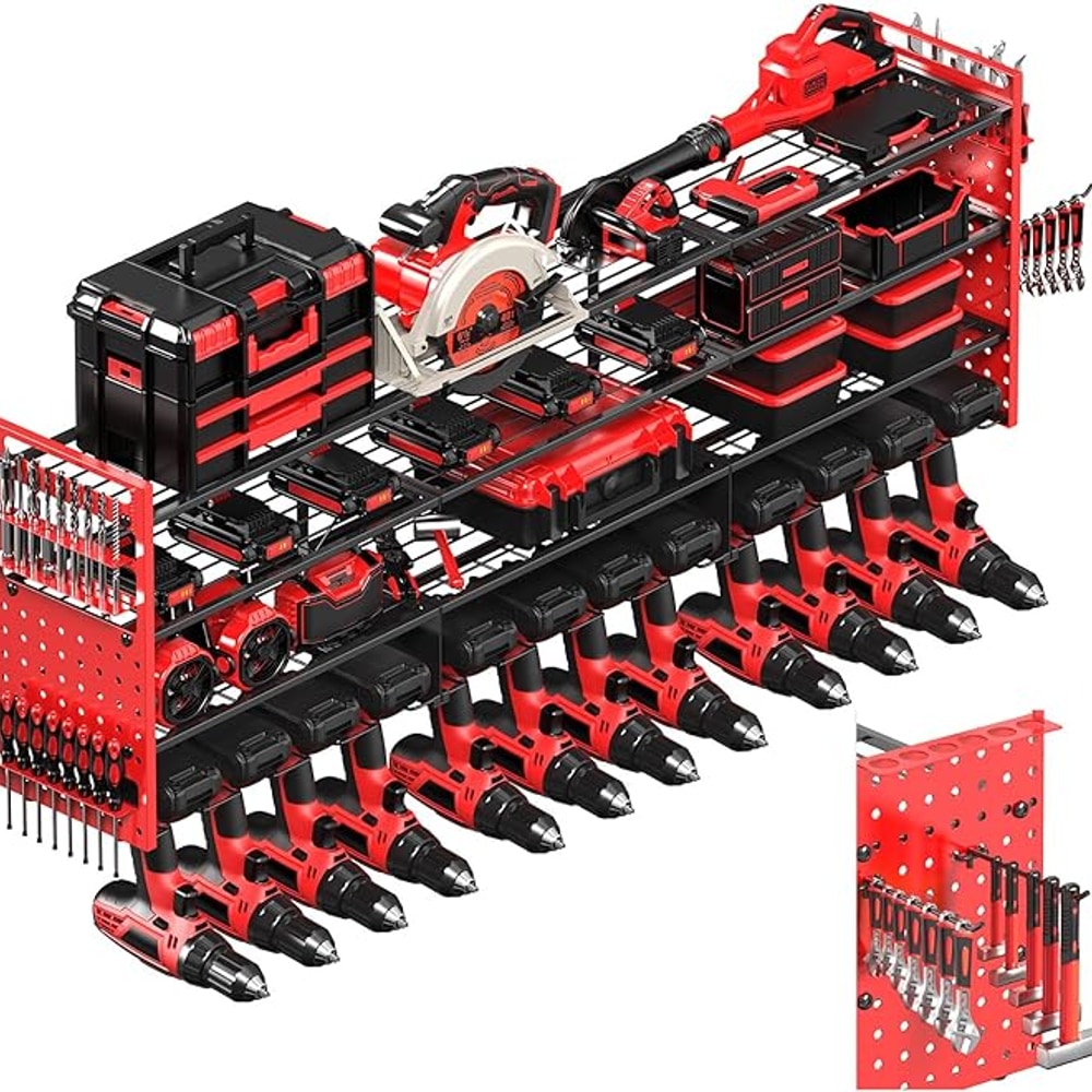 Power Tool Organizer Wall Mount with 12 Drills Holder, 49" Heavy Duty 4-Tier Power Tool Storage Rack, DIY Pegboard Side Panels,4 Long Hooks, Garage Metal Tool Shelf for Battery,Drills
