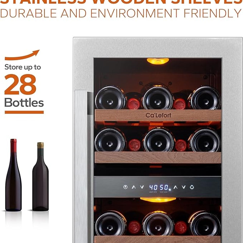 Ca'Lefort 15 Inch Wine Fridge, 28 Bottle Wine Cooler Refrigerator, 40-65°F Wine Refrigerator Glass Door, 3 LED Dual Zone Wine Fridge, Built-in or Freestanding Fridge for Home/Bar/Kitchen (3.0 cu.ft)