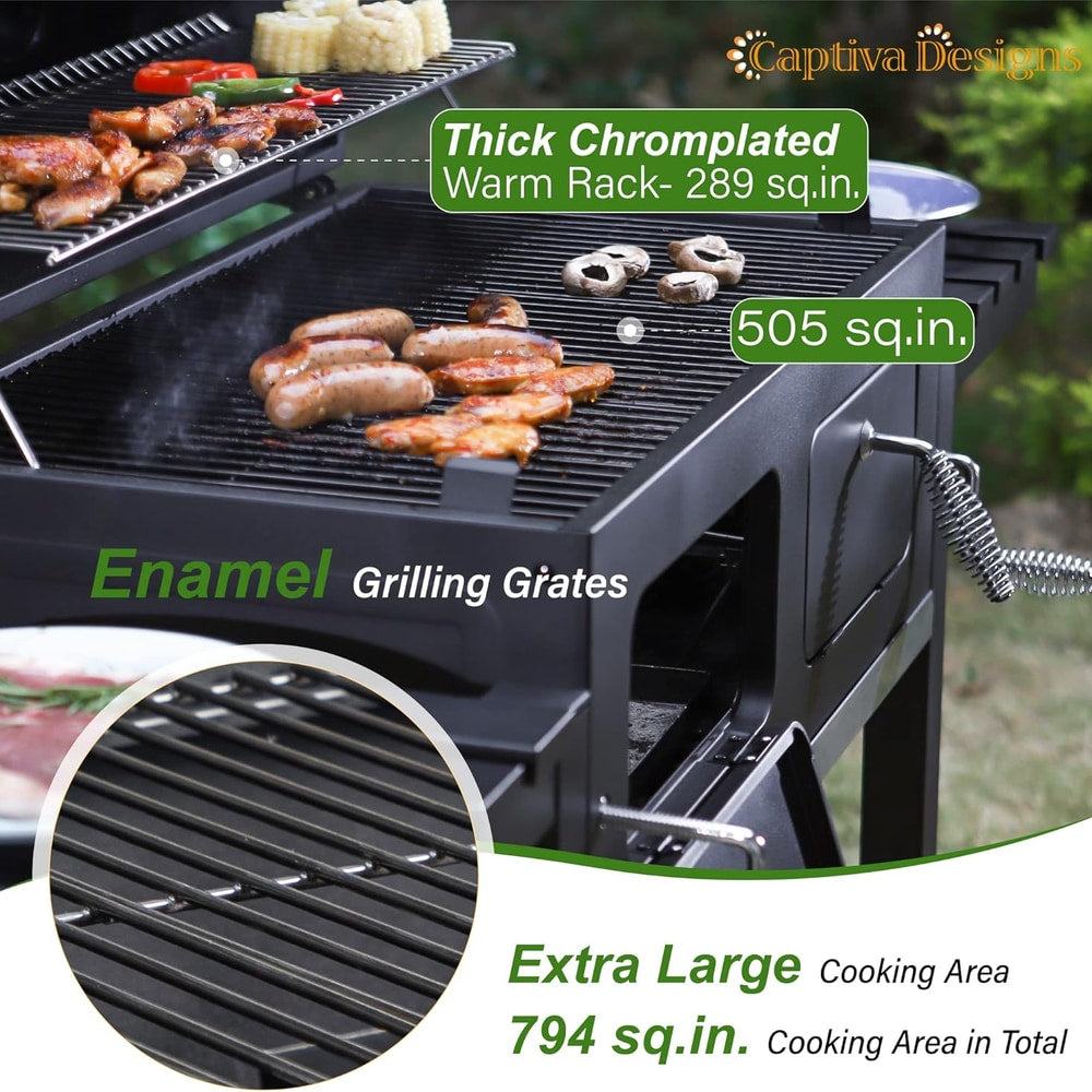 Captiva Designs Extra Large Charcoal BBQ Grill with Oversize Cooking Area(794 SQIN), Outdoor Cooking Grill with 2 Individual Lifting Charcoal Trays and 2 Foldable Side Tables