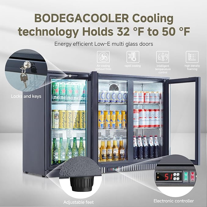 BODEGACOOLER Back Bar Cooler With 3 Glass Doors,11.4 Cu.Ft Commercial Back Bar Fridge with LED Lighting,Counter Height Bar Outdoor Beverage Cooler for Beer,Soda Drinks,Wine