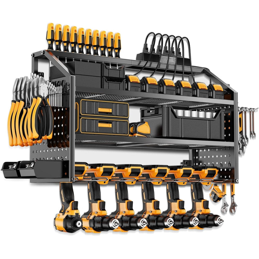 LBT 4 Layer Power Tool Organizer Wall Mount With Charging Station, Patented, 6 Outlet Power Strip, 6 Drill Holder, Heavy Duty Metal Garage Tool Storage Rack, Gifts For Men Fathers Day