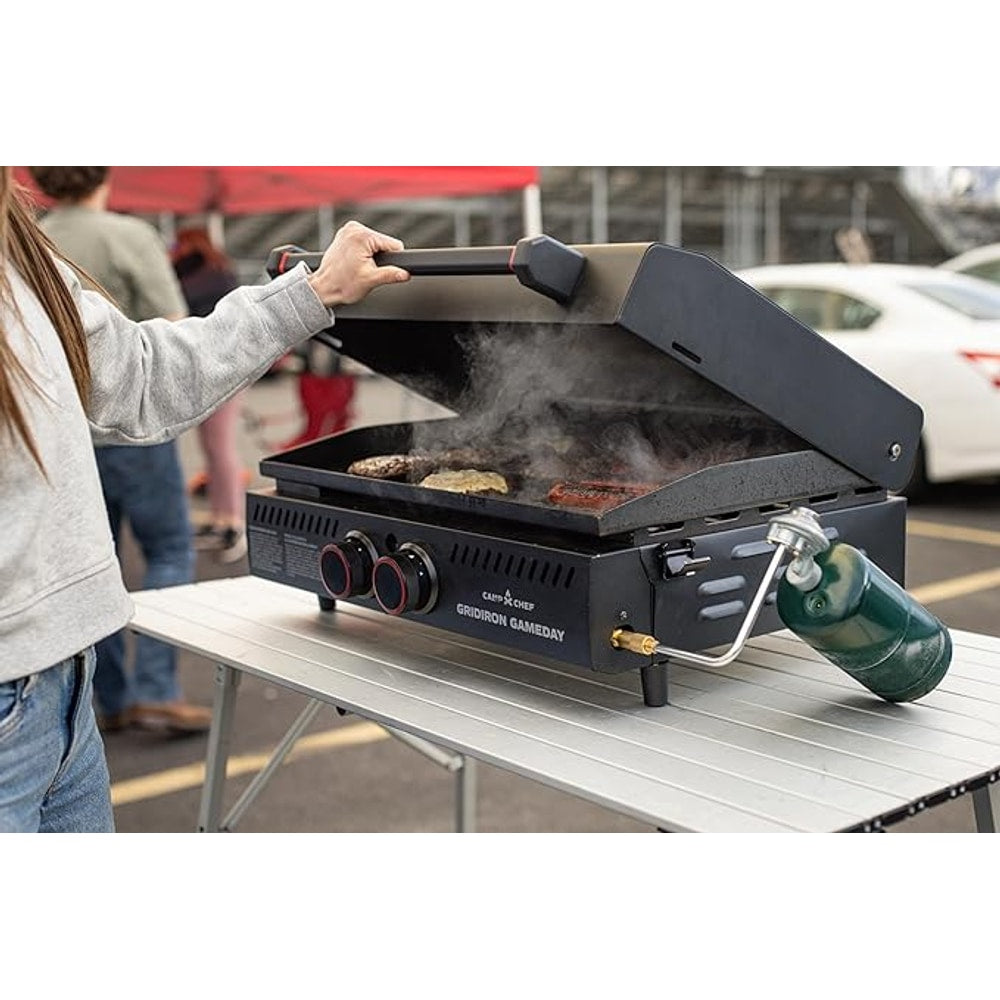 Gridiron Gameday 24" Flat Top Grill – Portable Tabletop Griddle with Hinged Lid, 24,000 BTUs, Flamethrower Ignition, Dual Heat Zones & Adjustable Legs for Tailgating, Camping, Outdoor Cooking