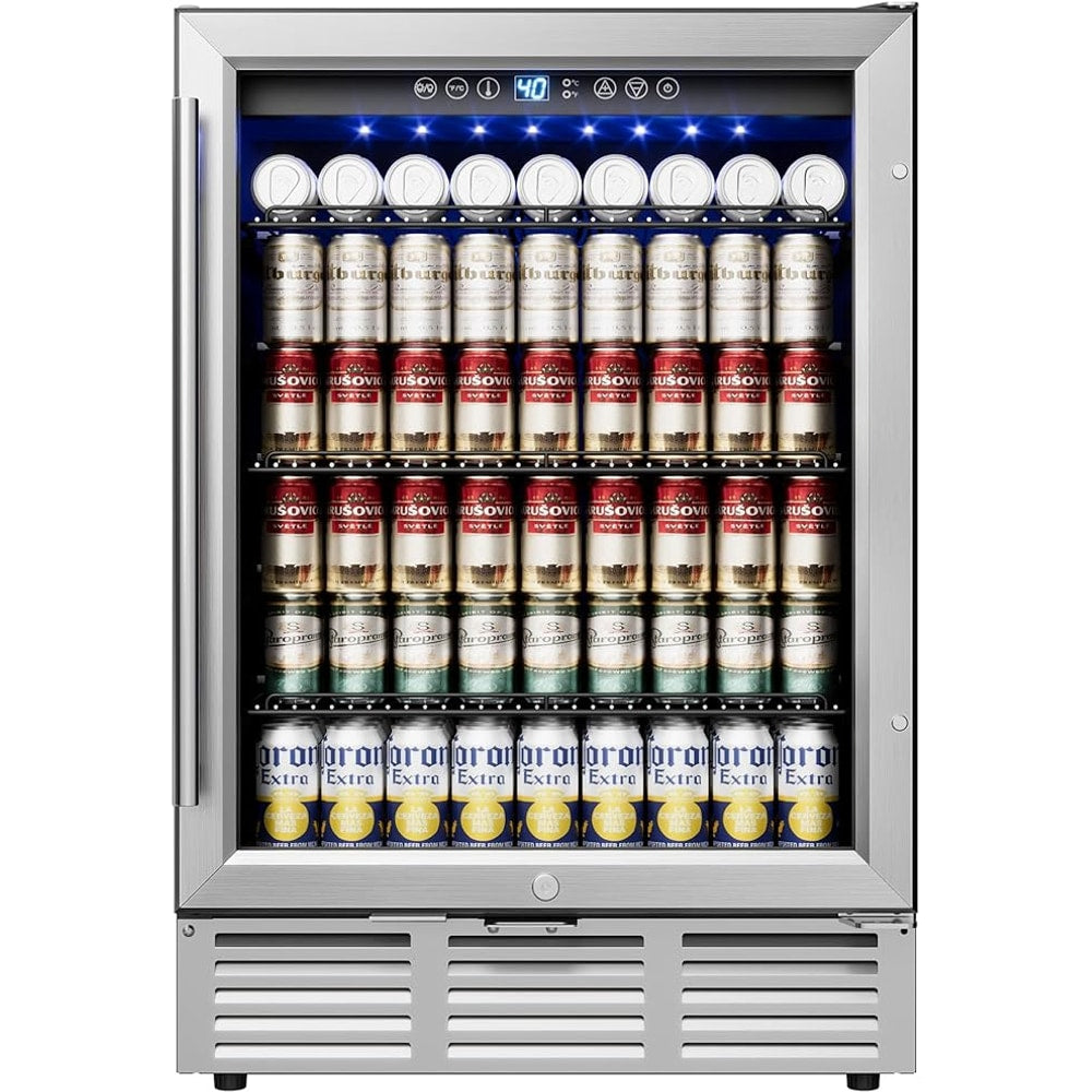 24 Inch Beverage Refrigerator, Beverage Cooler 180 Can Built-in Design, Under Counter Beer Fridge with Glass Door for Soda, Wine, Water - For Kitchen, Office or Bar