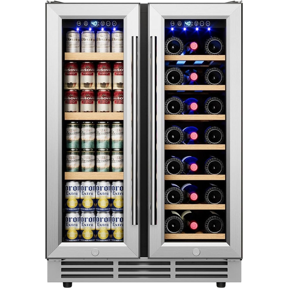 24" Wine and Beverage Refrigerator, Dual Zone Wine Cooler with Glass Door, Hold 88 Cans & 21 Bottles, Built in or Freestanding Under Counter Wine Fridge with Blue LED Light.