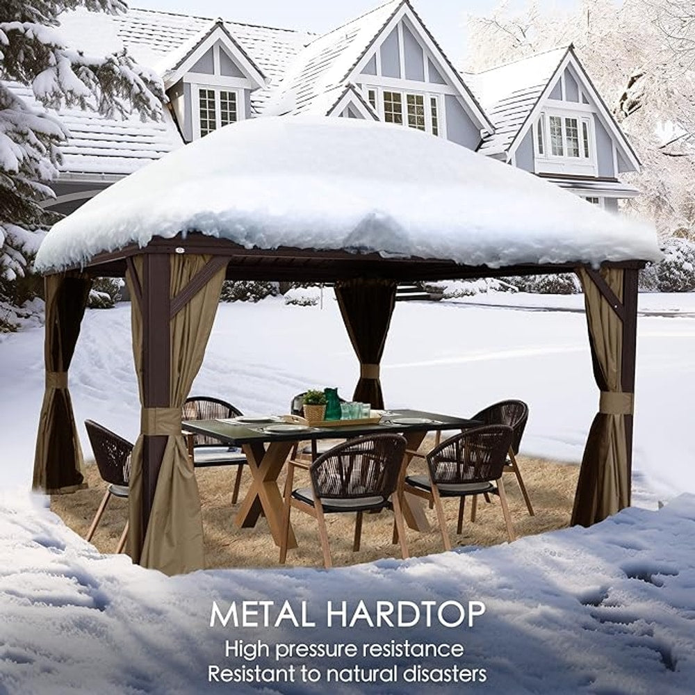 Kozyard Alexander 12' X 12' Hardtop Gazebo, Aluminum Metal Gazebo with Galvanized Steel Double Roof Canopy, Curtain and Netting for Patio Backyard Deck Lawn Brown
