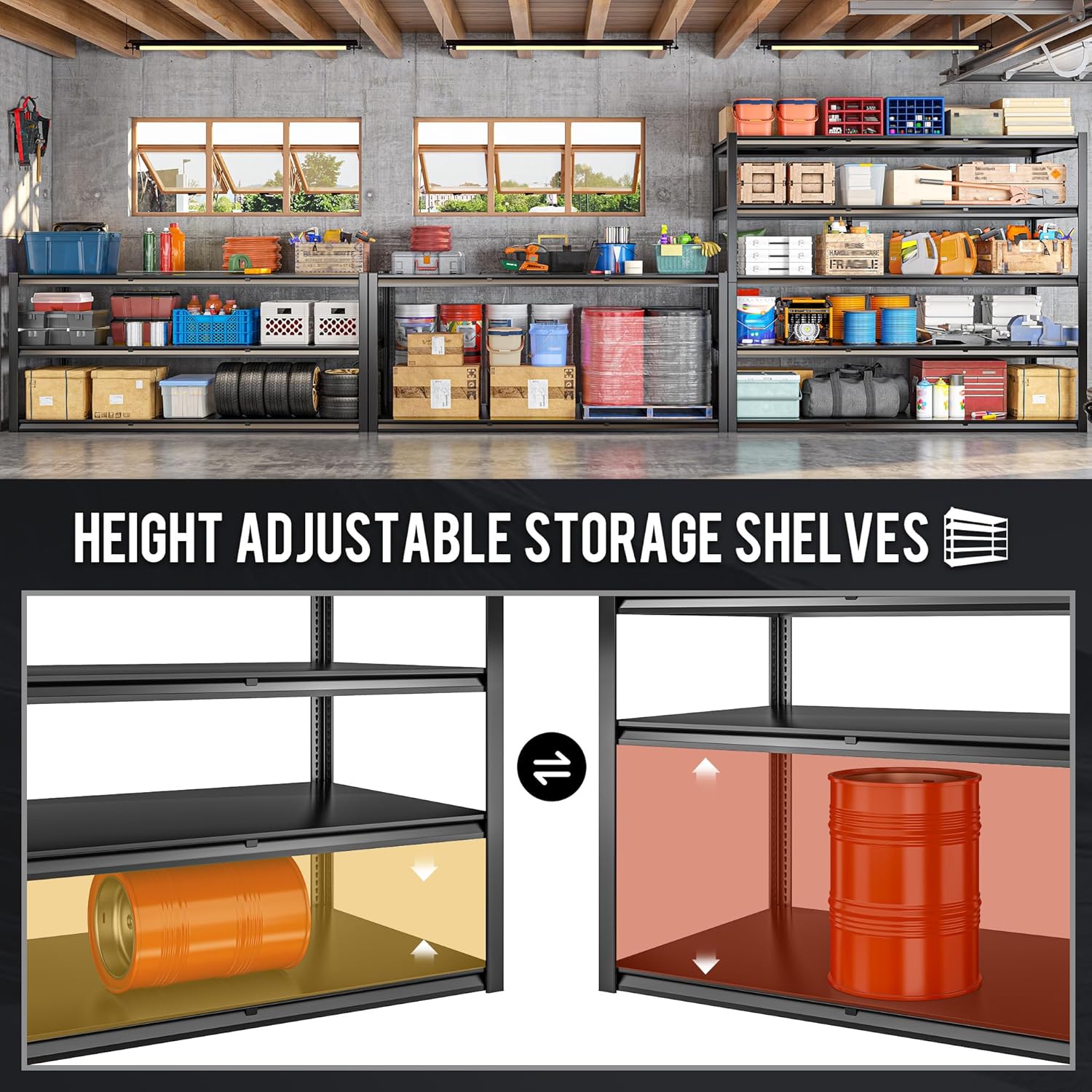 59.8" W x 72.2" H x 24.2" D Metal Storage Shelves, 2650LBS Garage Shelving Unit with Adjustable Shelf, 5 Tier Storage Rack for Garage, Pantry, Warehouse, Basement, Black, 2 Pack