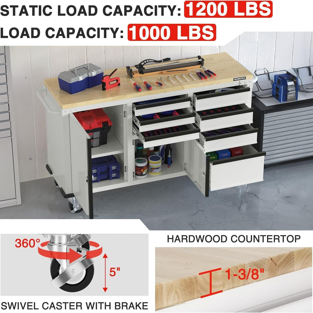 WORKPRO 62" x 20" 7-Drawer & 2-Door Rolling Tool Chest, Mobile Tool Storage Cabinet with Power Strip, Locking System, Heavy Duty Rolling Cabinet for Garage, Warehouse & Kitchen, 1000 lbs Capacity