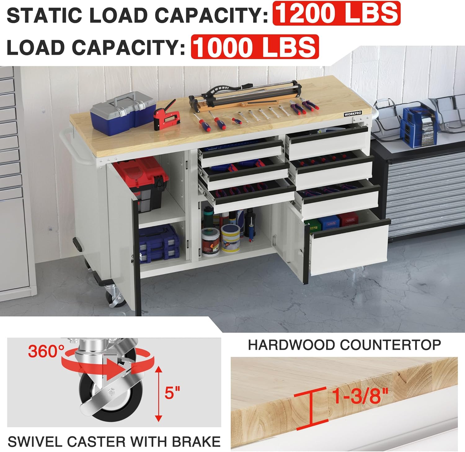 WORKPRO 62" x 20" 7-Drawer & 2-Door Rolling Tool Chest, Mobile Tool Storage Cabinet with Power Strip, Locking System, Heavy Duty Rolling Cabinet for Garage, Warehouse & Kitchen, 1000 lbs Capacity