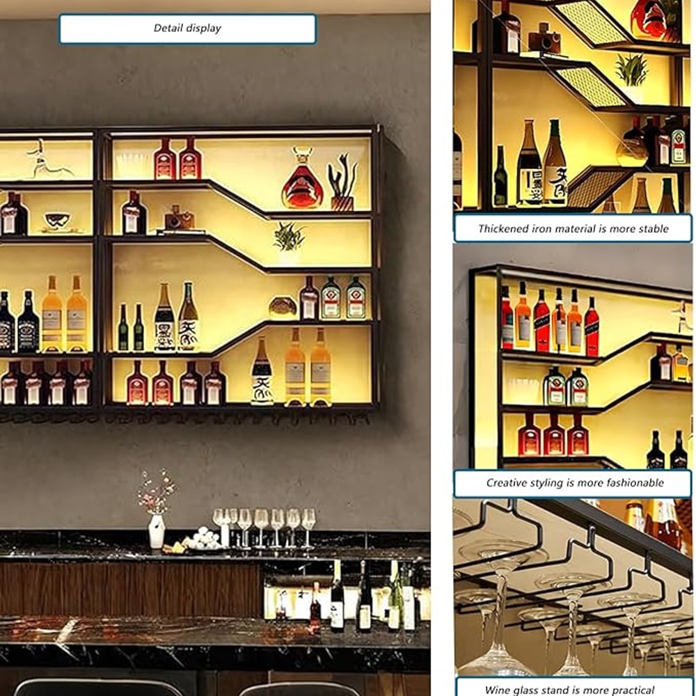 78.8in Wall Mounted Wine Rack with LED Light, 5-Tiers Liquor Bottles Display Shelf with Glasses Holder, Metal Home Bar Shelves with Industrial Iron Frame for Kitchen(Black, 78.8in/6.56ft)