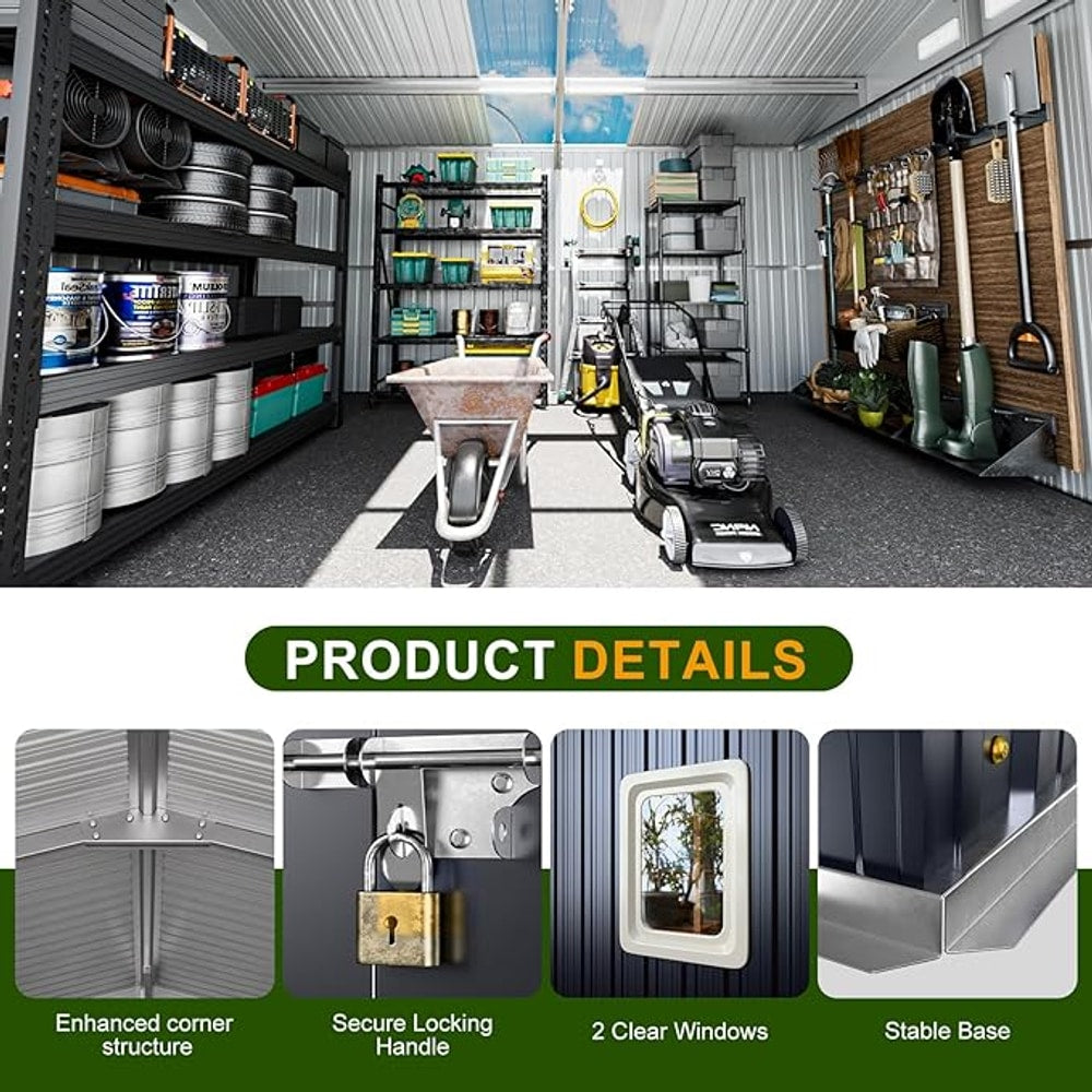 12x10 FT Metal Sheds & Outdoor Storage: Heavy Duty Garden Sheds with Dual Transparent Panels, DIY-installable Windows & Lockable Doors, Weatherproof Tool Shed for Backyard, Garden, Patio, Grey