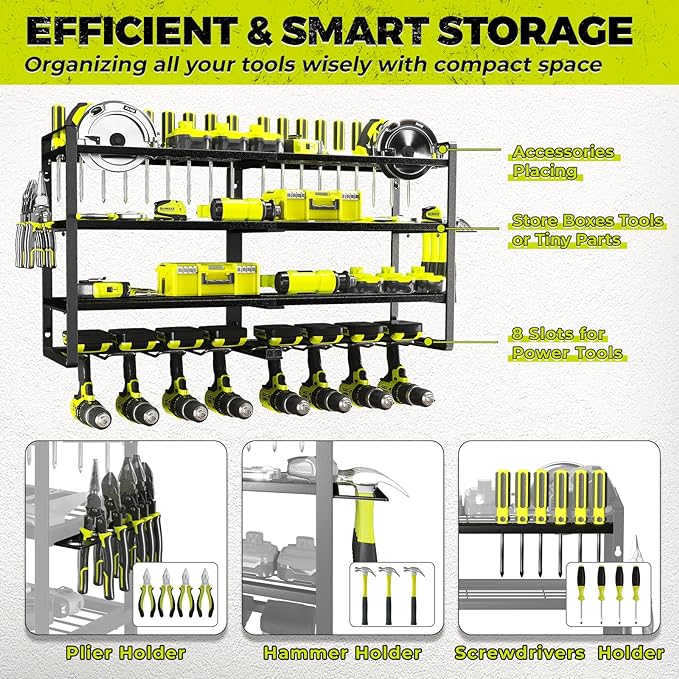 KAFAHOM Power Tool Organizer-8 Drill Holder Wall Mount,4 Layer Heavy Duty Metal Power Tool Storage Rack,Garage Tool Organizer and Storage with Screwdriver Holder/Plier Holder/Hammer Holder
