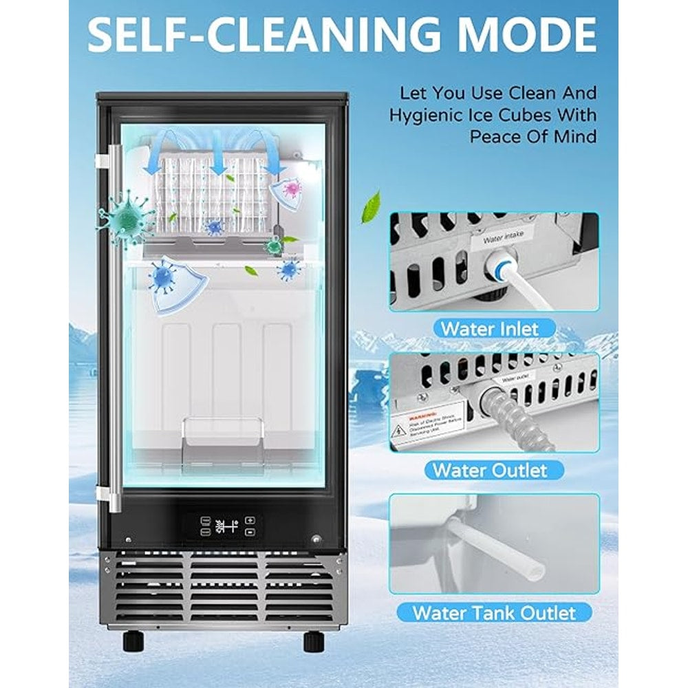 Commercial Ice Maker Machine Reversible Door 120LBS/Day, Undercounter Ice Makers 30LBS Storage Bin and 40 Ice Cubes, Icemaker Machine Brushed Metal with Water Line, Ice Scoop