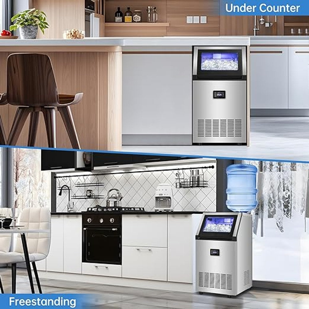 Ice Maker Commercial Ice Machine 200 lbs /24H, 33 lbs Large Storage Capacity Bin, Under Counter or Freestanding Ice Cube Makers Stainless Steel for Restaurant Bar Cafe