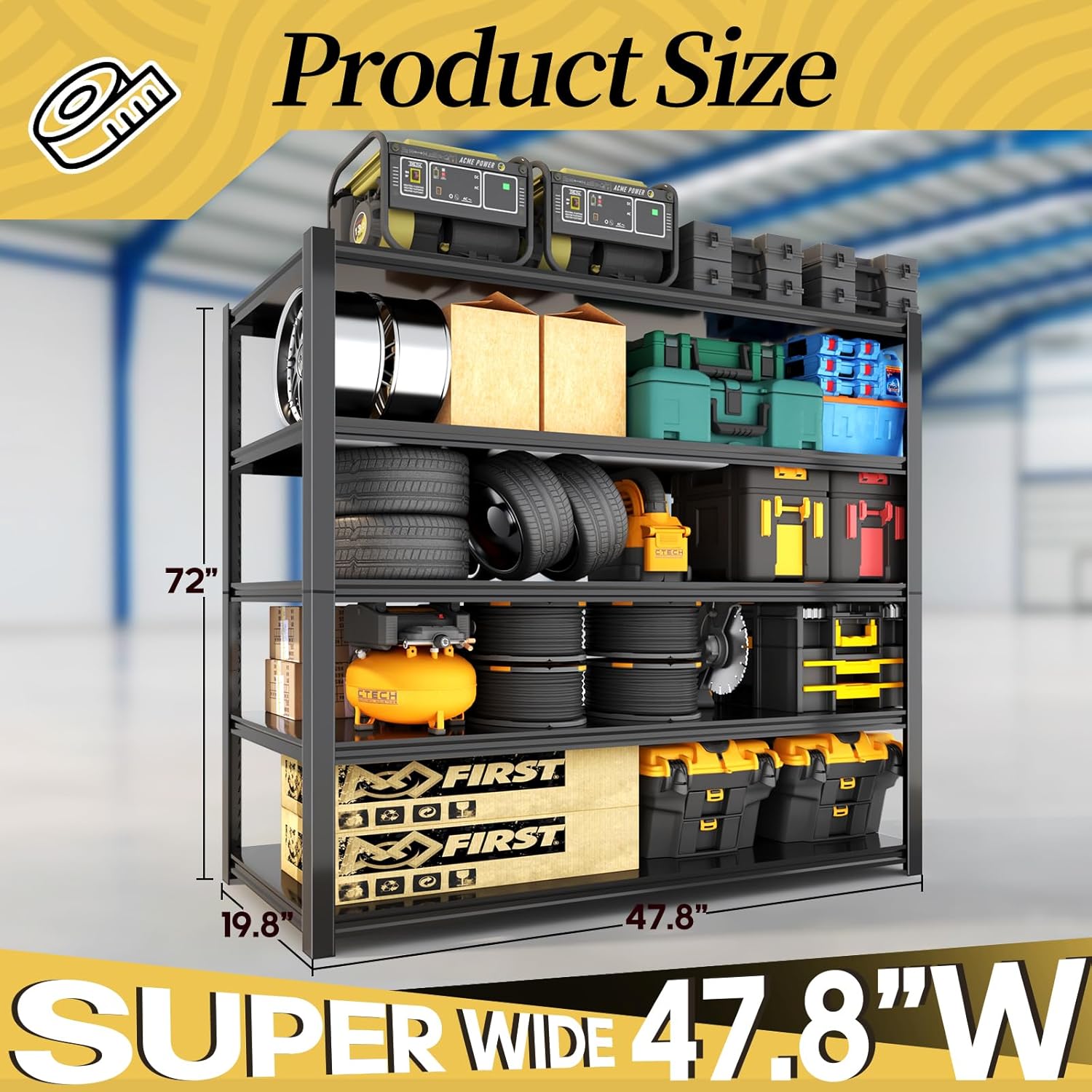 47.8" W Heavy Duty Garage Shelving 3000LBS Storage Shelves, Adjustable 5-Tier Storage Rack, Metal Shelves for Garage/Warehouse/Basement, 47.8" W x 19.8" D x 72" H, 4 Pack