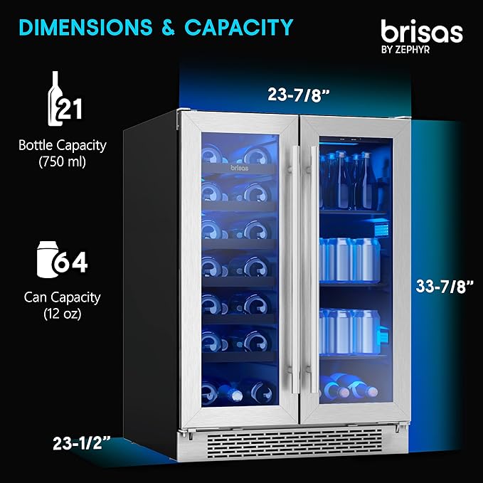 Zephyr Brisas 24 Inch Wine Fridge Dual Zone Under Counter Countertop Wine and Beverage Cooler Cabinet Home Bar Drink Beer Freestanding Refrigerator with French Door 21 Bottles 64 cans