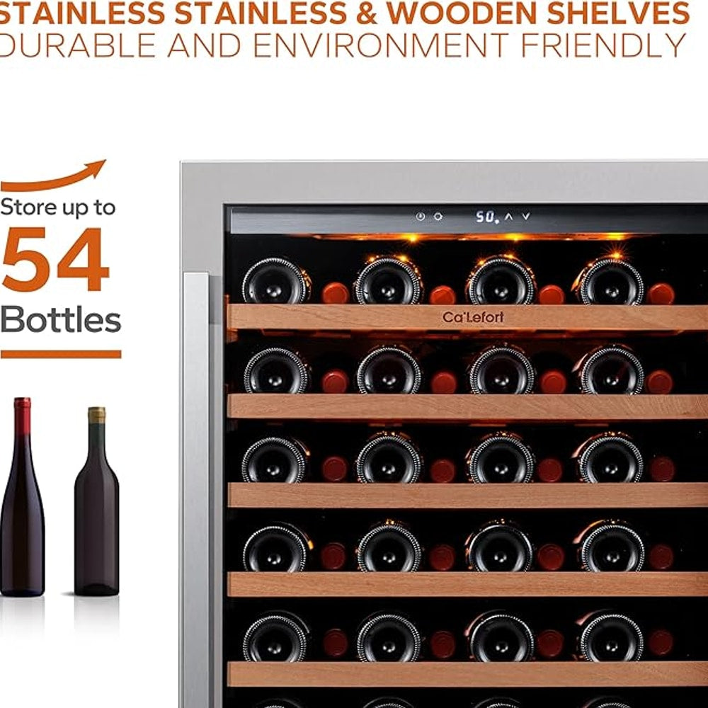 Ca'Lefort 24 Inch Wine Fridge, 54 Bottle Wine Cooler Refrigerator, 40-65°F Wine Refrigerator Glass Door, 3 LED Wine Fridge, Built-in or Freestanding Wine Fridge for Home/Bar/Kitchen (5.65 cu.ft)