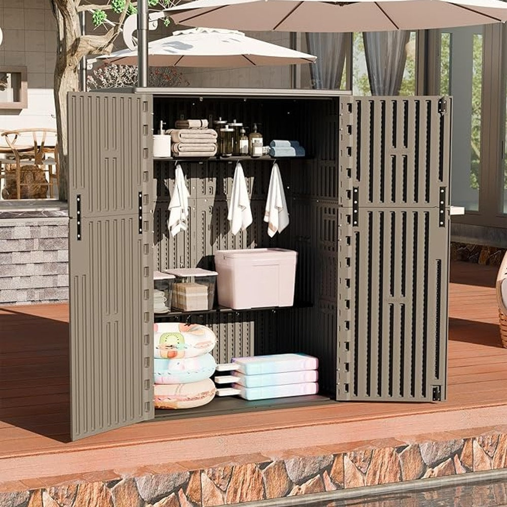 HOMSPARK Outdoor Storage Shed Weather Resistance, Patio Storage Cabinet Lockable Resin Tool Shed for Storage of Bike, Trash Cans, Garden Tools (Shallow Coffee, 66 Cu.ft)