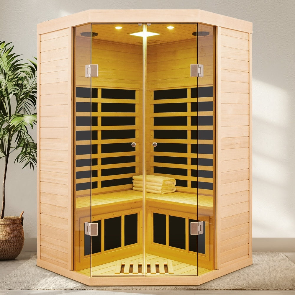 Deluxe Hemlock Far Infrared Corner Sauna Room with Glass Front for Two Persons