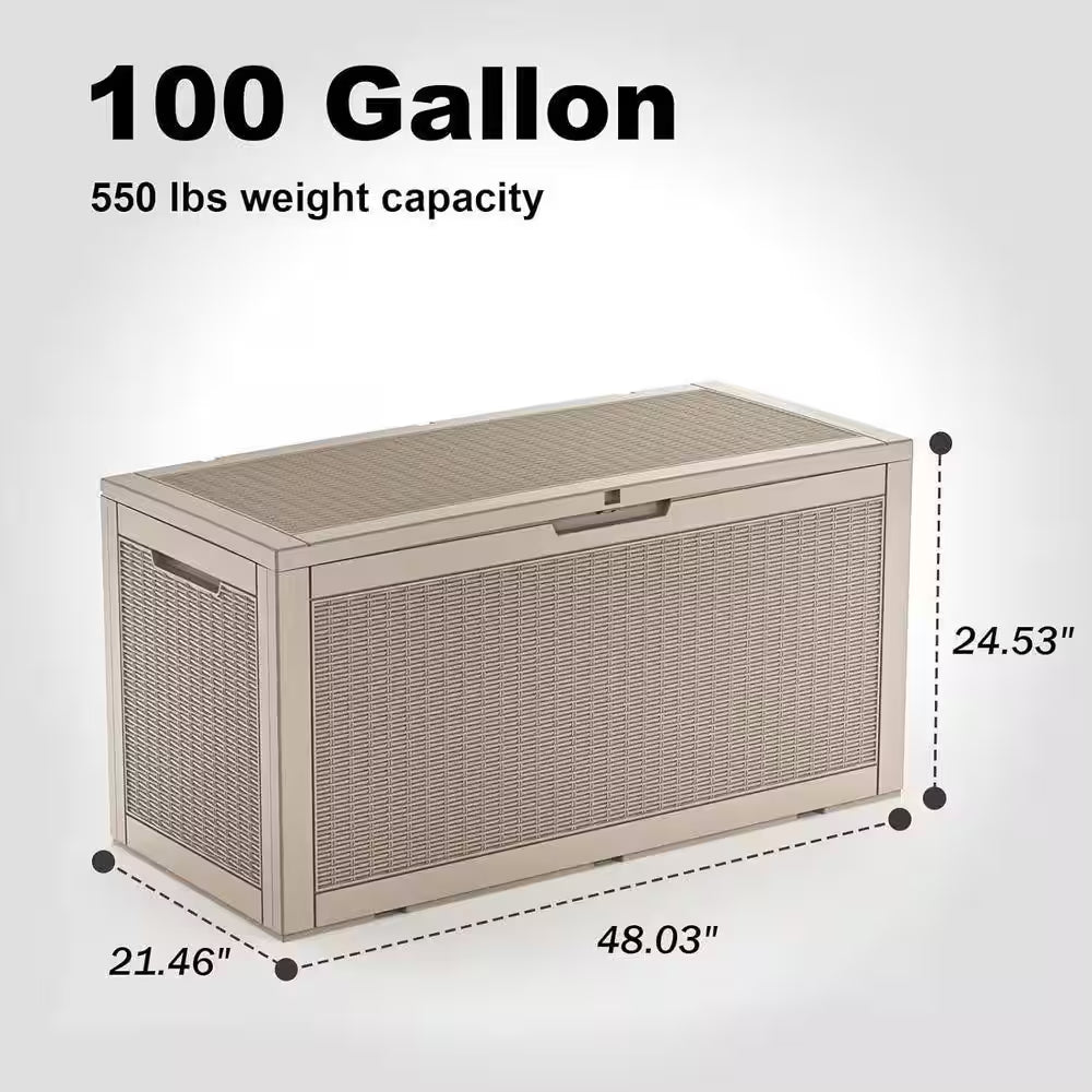 100 Gal. Outdoor Deck Box, Waterproof Lockable Resin Storage Container for outside Cushions, Garden Tools, Taupe