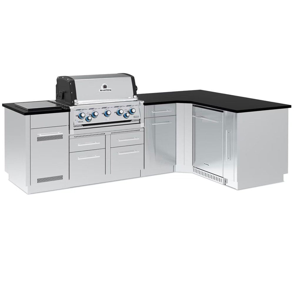 Broil King 111 x 70-Inch Outdoor Kitchen Island with Imperial S 590i 5-Burner Gas Grill, Rotisserie, Side Burner & Refrigerator
