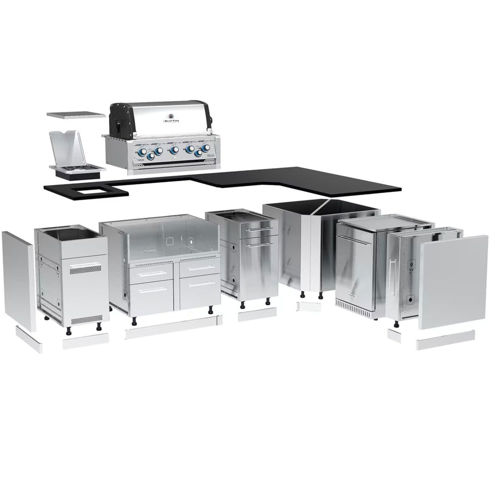Broil King 111 x 70-Inch Outdoor Kitchen Island with Imperial S 590i 5-Burner Gas Grill, Rotisserie, Side Burner & Refrigerator