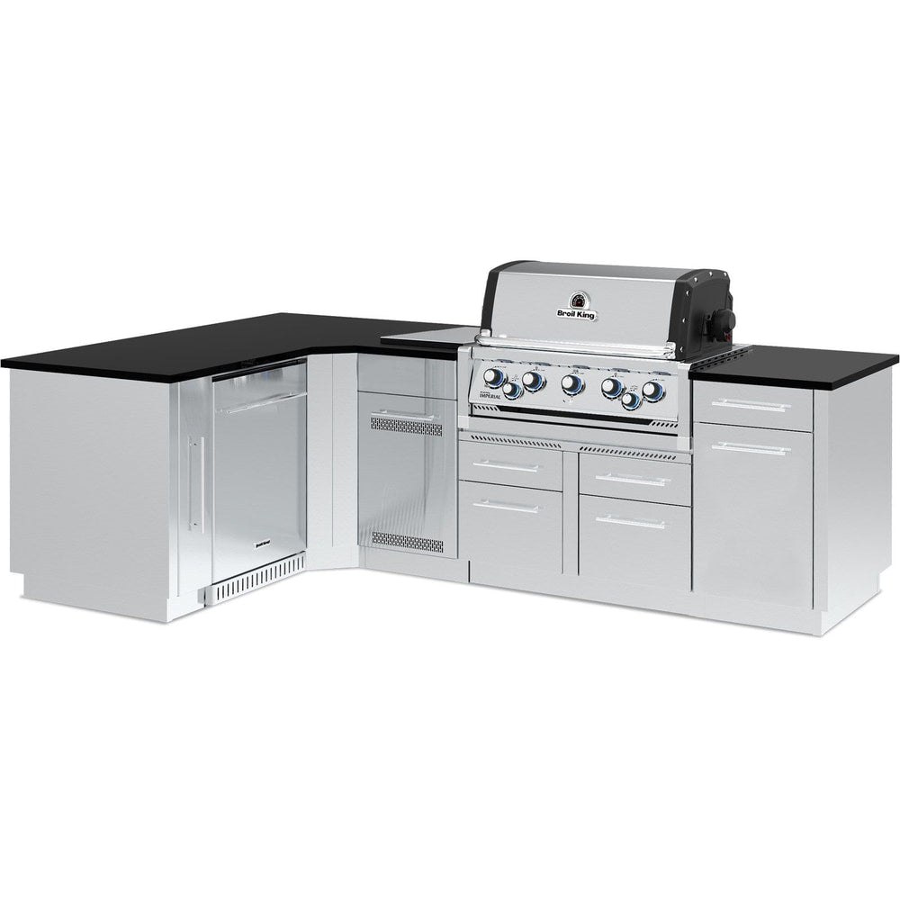 Broil King 70 x 111-Inch Outdoor Kitchen Island with Imperial S 590i 5-Burner Gas Grill, Rotisserie, Side Burner & Refrigerator