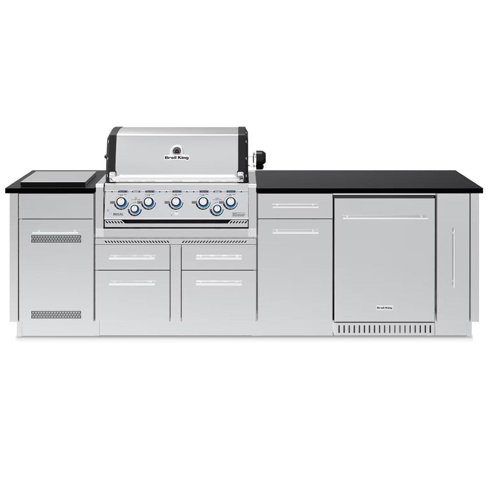 Broil King 9-Foot Outdoor Kitchen Island with Imperial S 590i 5-Burner Gas Grill, Rotisserie, Side Burner & Refrigerator