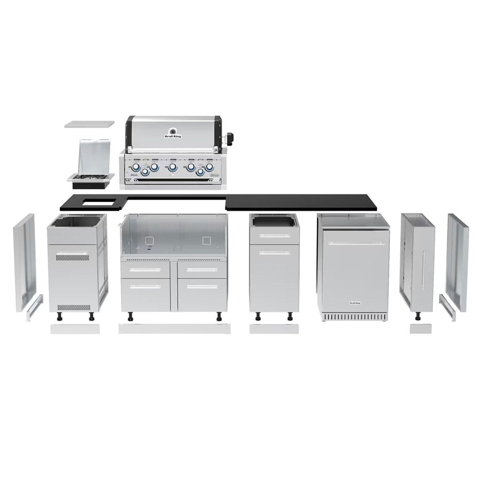 Broil King 9-Foot Outdoor Kitchen Island with Imperial S 590i 5-Burner Gas Grill, Rotisserie, Side Burner & Refrigerator