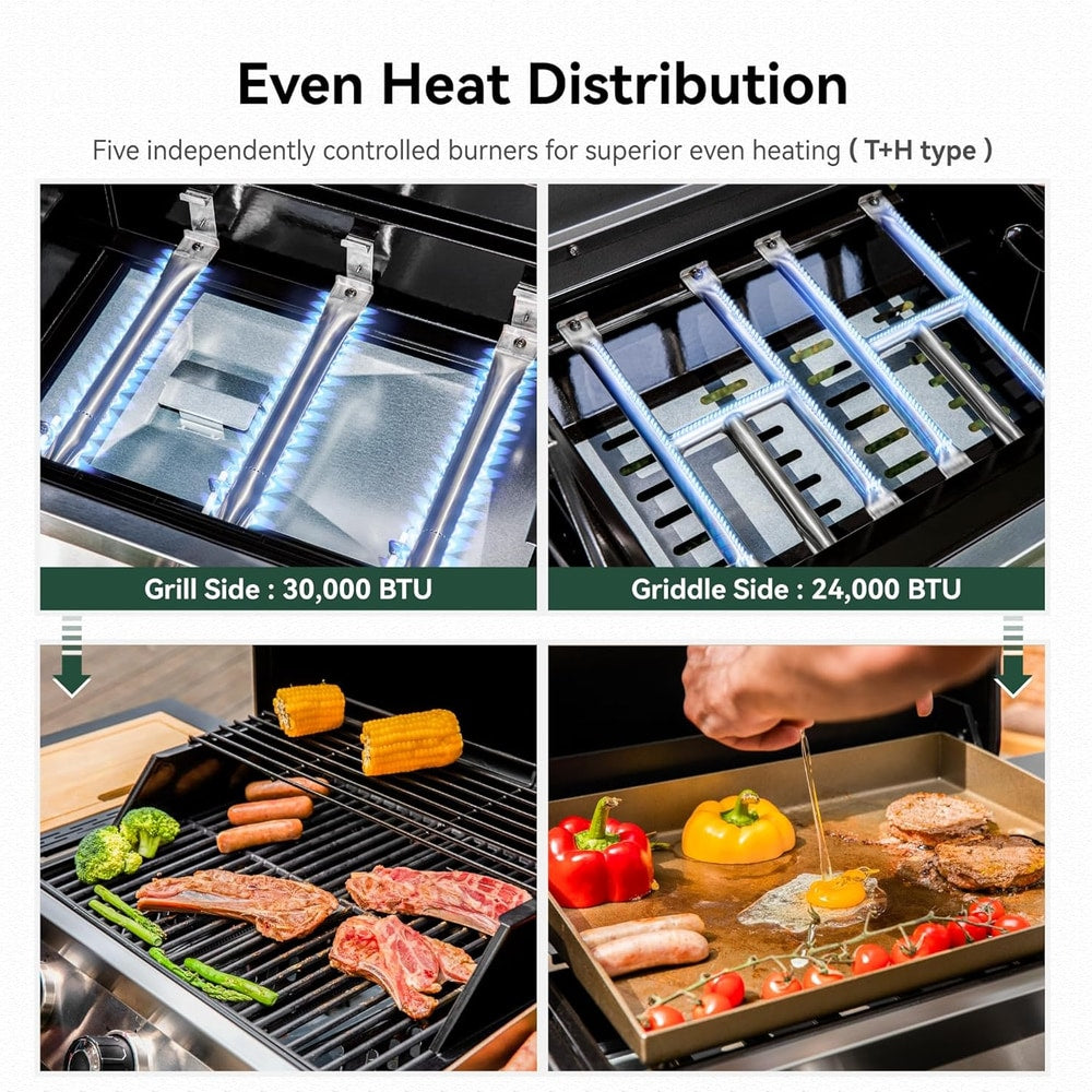5 Burner Griddle Grill Combo, 2 in 1 Propane Gas BBQ Grill with Porcelain-Enameled Cast Iron Grates & Pan, Outdoor Flat Top Griddle, 695 Sq. In. Propane Barbecue Grill for Patio Backyard Balcony