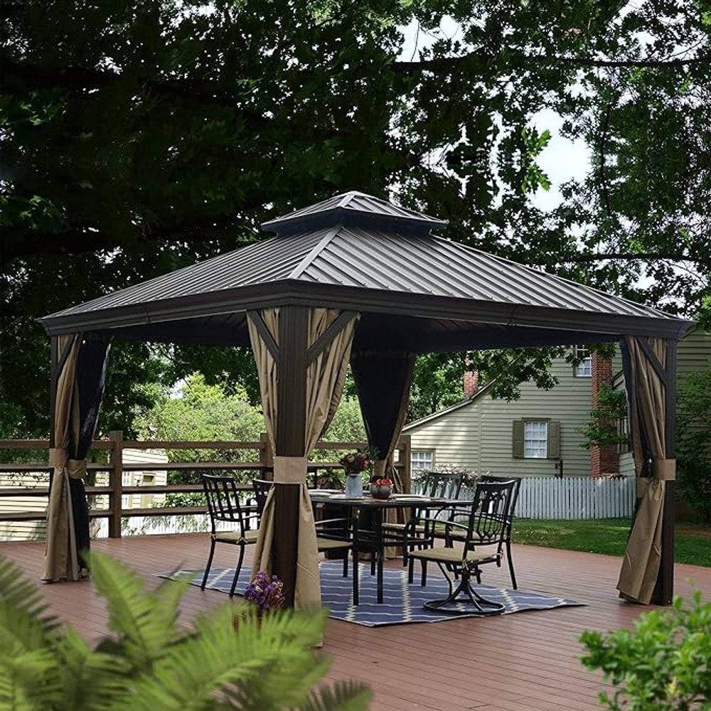Kozyard Alexander 12' X 12' Hardtop Gazebo, Aluminum Metal Gazebo with Galvanized Steel Double Roof Canopy, Curtain and Netting for Patio Backyard Deck Lawn Brown