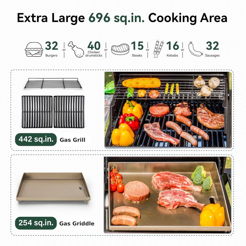 5 Burner Griddle Grill Combo, 2 in 1 Propane Gas BBQ Grill with Porcelain-Enameled Cast Iron Grates & Pan, Outdoor Flat Top Griddle, 695 Sq. In. Propane Barbecue Grill for Patio Backyard Balcony