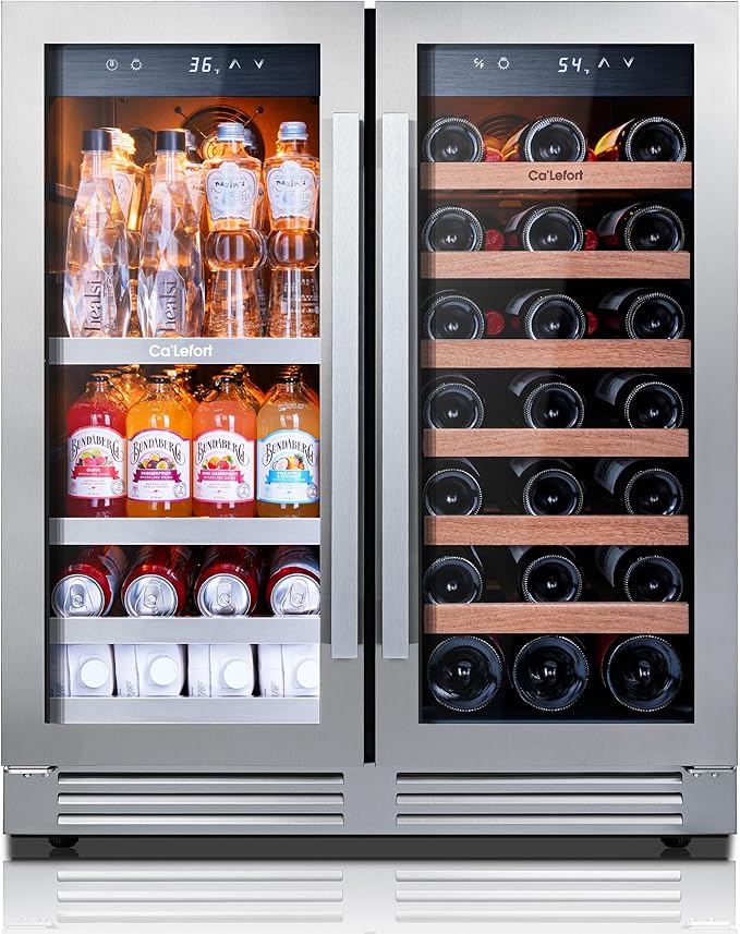 Ca'Lefort 30 Inch Wine and Beverage Refrigerator, 80 Can and 33 Bottle French Door Wine Refrigerator 36-72°F, 3 LED Wine Fridges with Glass Door, Built-in or Freestanding for Home/Kitchen (6.00 cu.ft)