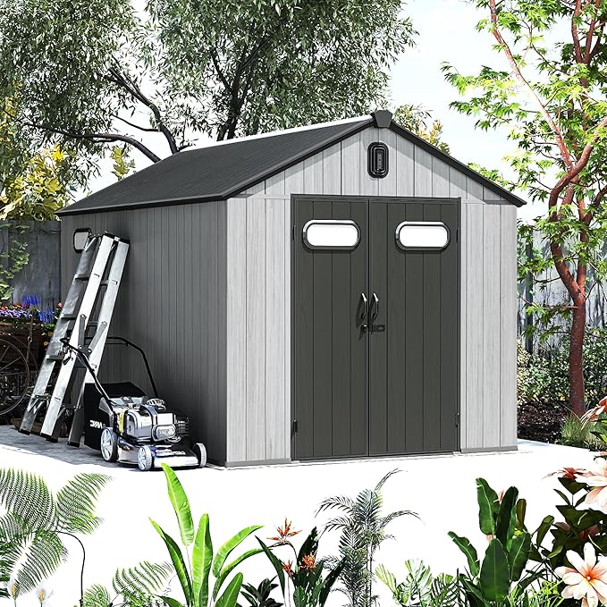 Domi 8x12FT Outdoor Resin Storage Shed with Transparent Windows & Louvered Vents, Plastic Tool Shed with Double Lockable Doors & Gable Roof, Outside Garden Shed for Backyard, Patio, Lawn, Grey