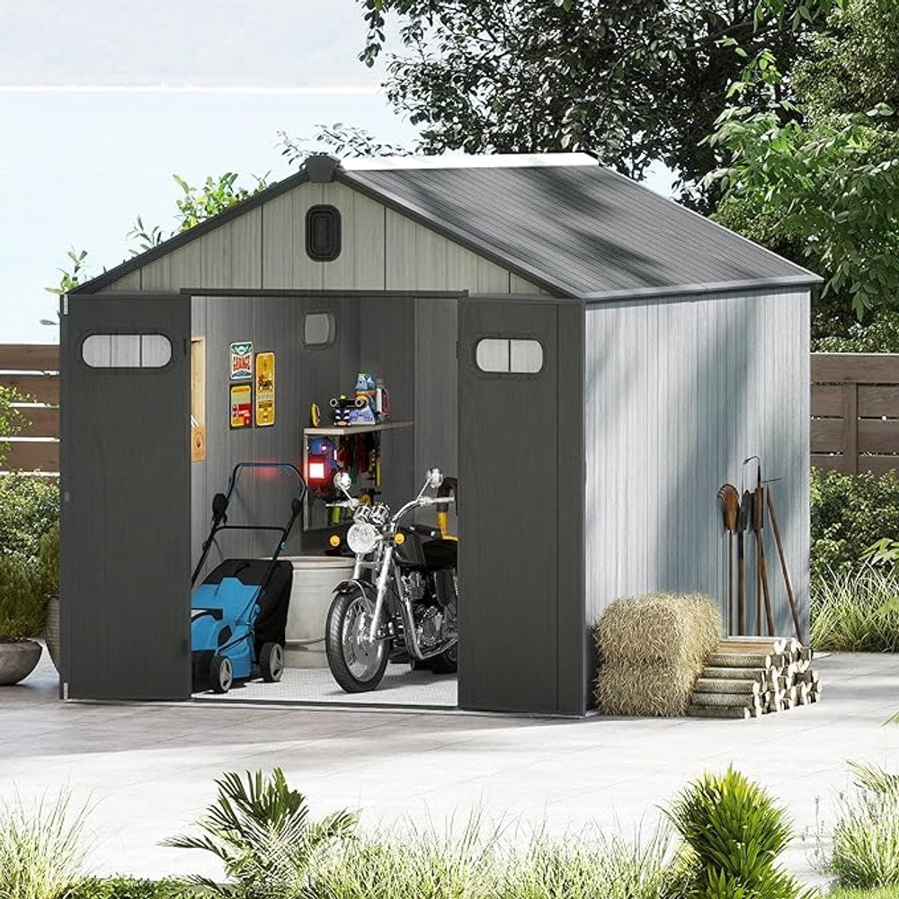 Domi 8x10FT Outdoor Resin Storage Shed with Transparent Windows & Louvered Vents, Plastic Tool Shed with Double Lockable Doors & Gable Roof, Outside Garden Shed for Backyard, Patio, Lawn, Grey