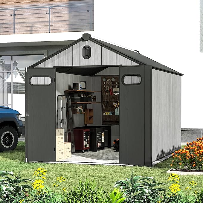 Domi 8x12FT Outdoor Resin Storage Shed with Transparent Windows & Louvered Vents, Plastic Tool Shed with Double Lockable Doors & Gable Roof, Outside Garden Shed for Backyard, Patio, Lawn, Grey