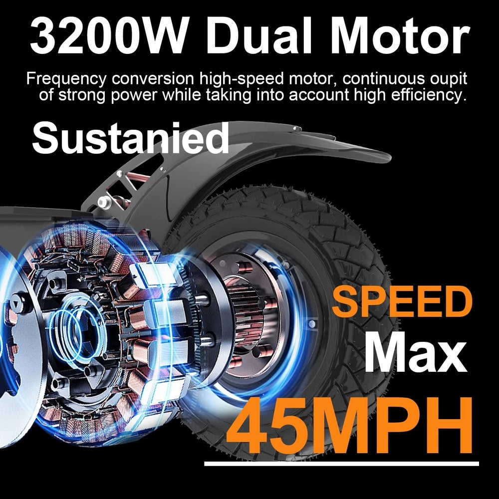 60V Adults Electric Scooter, 3200W Dual Motor up to 45Mph Speed, 50 Miles Max Range with 1200Wh Battery, Dual Disc Brake System and Shock Absorbers