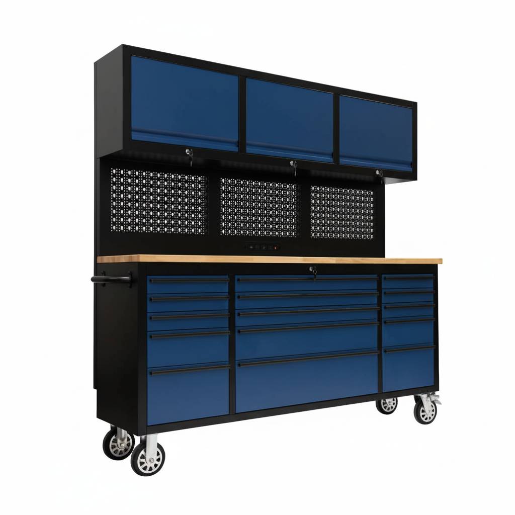 72" Rolling Tool Chest with Power Strip, Workbench, Upper Cabinets & Pegboard
