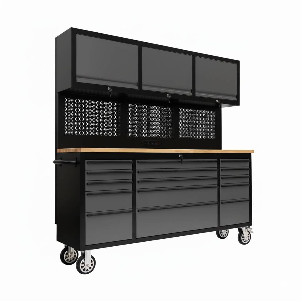72" Rolling Tool Chest with Power Strip, Workbench, Upper Cabinets & Pegboard