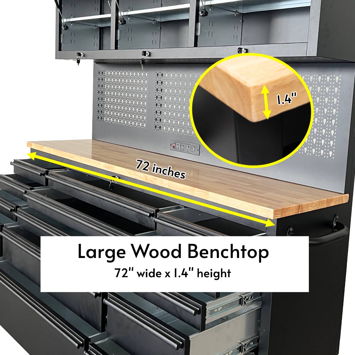 72" Rolling Tool Chest with Power Strip, Workbench, Upper Cabinets & Pegboard