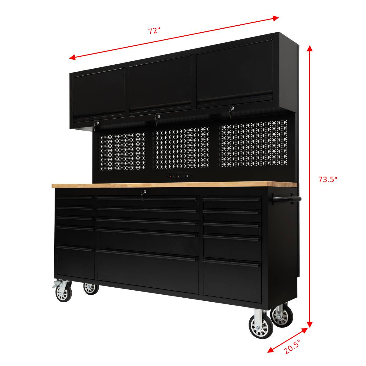 72" Rolling Tool Chest with Power Strip, Workbench, Upper Cabinets & Pegboard