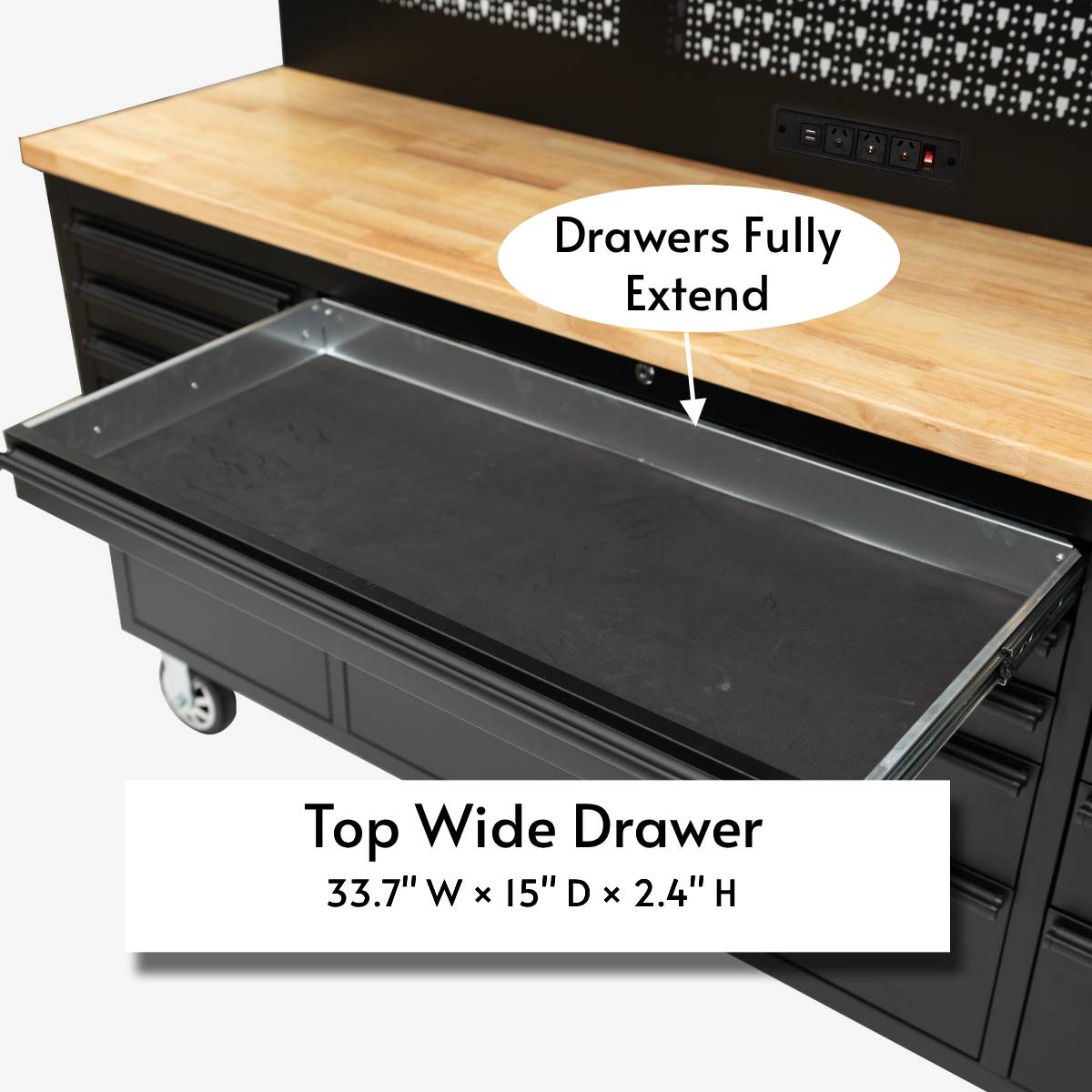 72" Rolling Tool Chest with Power Strip, Workbench, Upper Cabinets & Pegboard