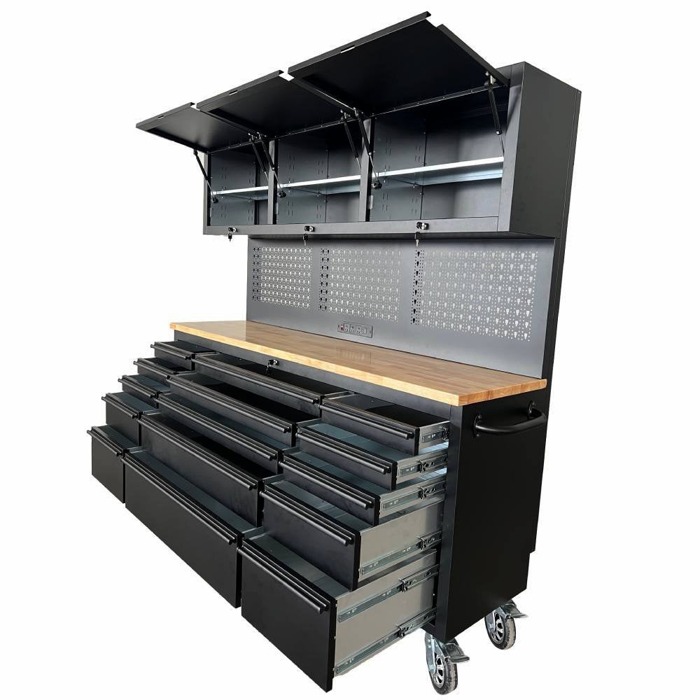 72" Rolling Tool Chest with Power Strip, Workbench, Upper Cabinets & Pegboard