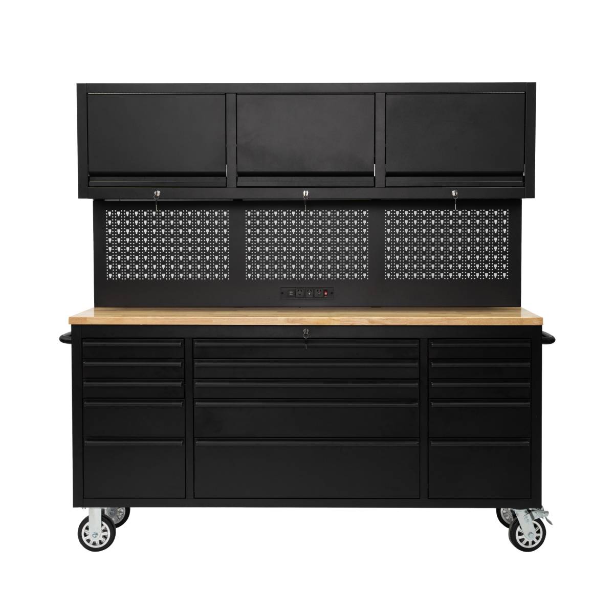 72" Rolling Tool Chest with Power Strip, Workbench, Upper Cabinets & Pegboard